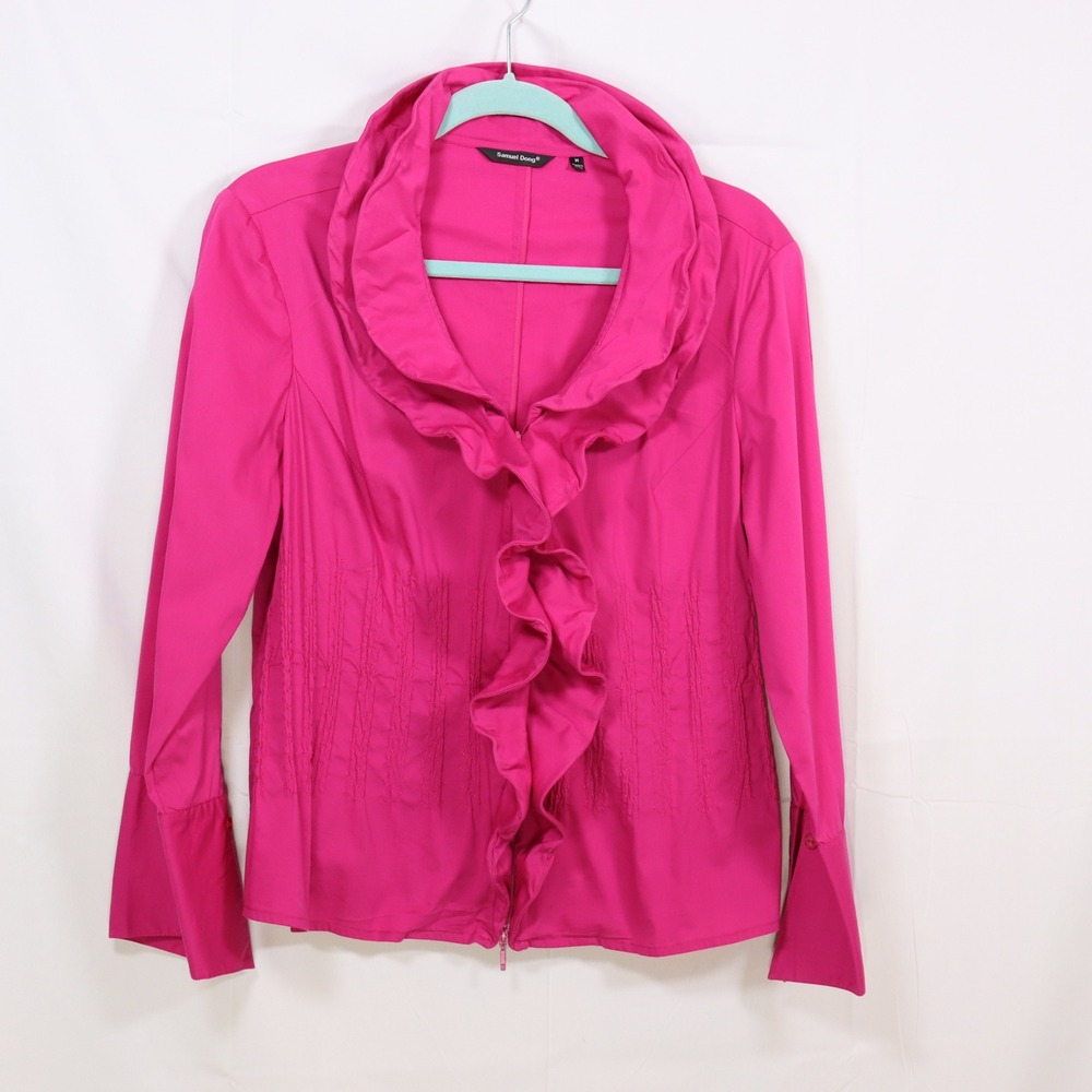 Samuel Dong Ruffle Zip Up Blouse M Pink Womens Barbiecore Avant Garde Top